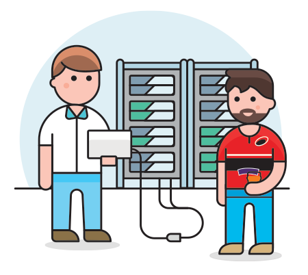 Illustration of Simon and colleague in front of server