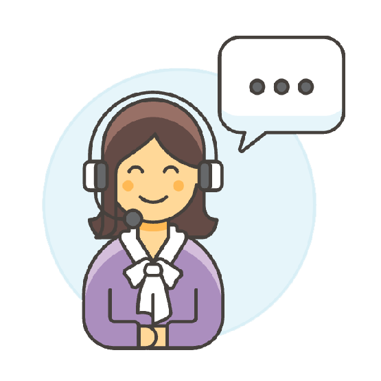 Illustrated icon of lady with headset on and speech bubble with dots to represent a customer service agent