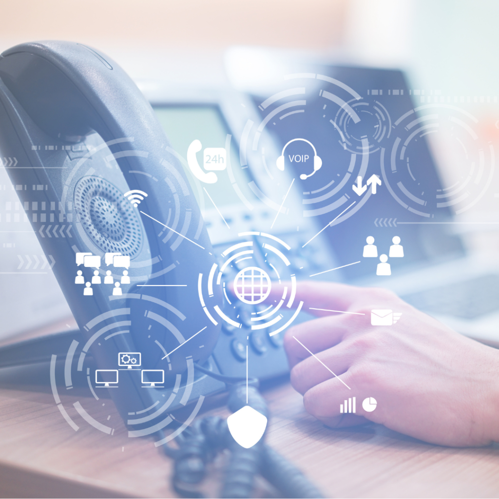 Image of landline phone with digital holograms overlaying