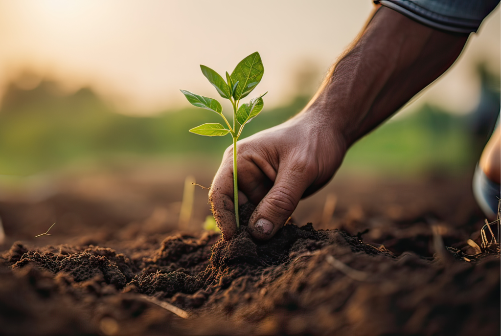 Mans hand planting a single seedling in some soil