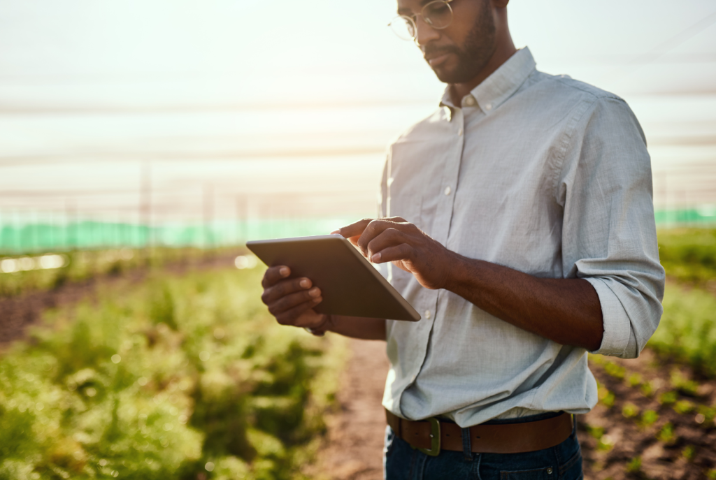 Man standing looking at tablet with rows of plants behind him in a polytunnel