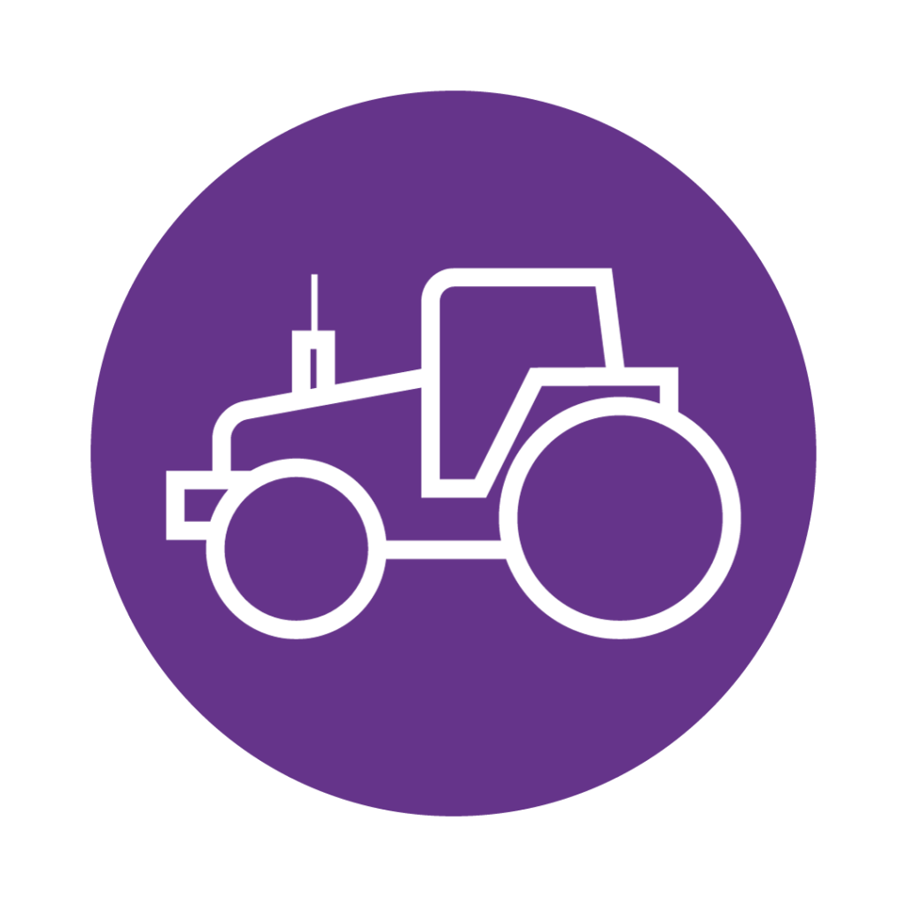 White tractor graphic on purple circle